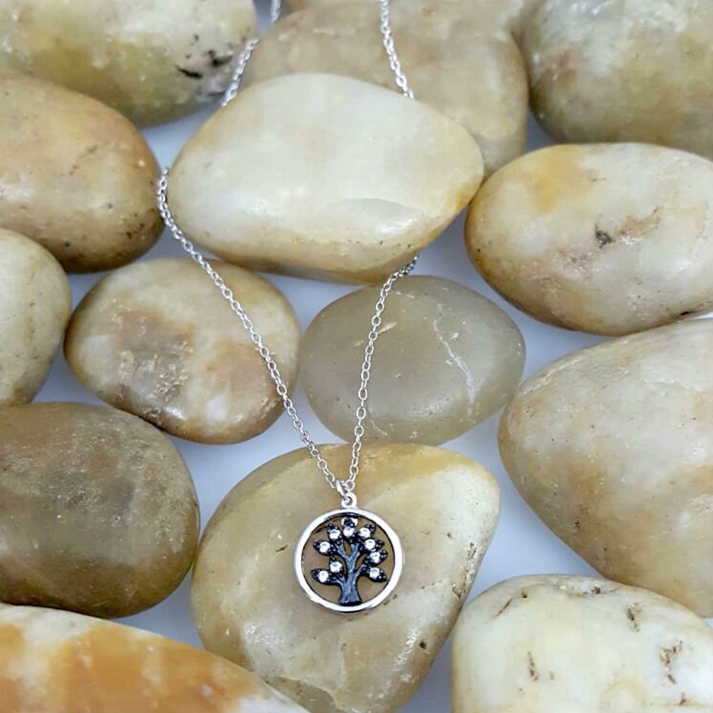 Silver Circle Tree of Life Black Rhodium Necklace